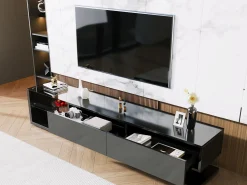 Merax Móvel de TV 170 cm - 2 gavetas e prateleiras de vidro - LEDs - brilhante^ Móvel De Tv