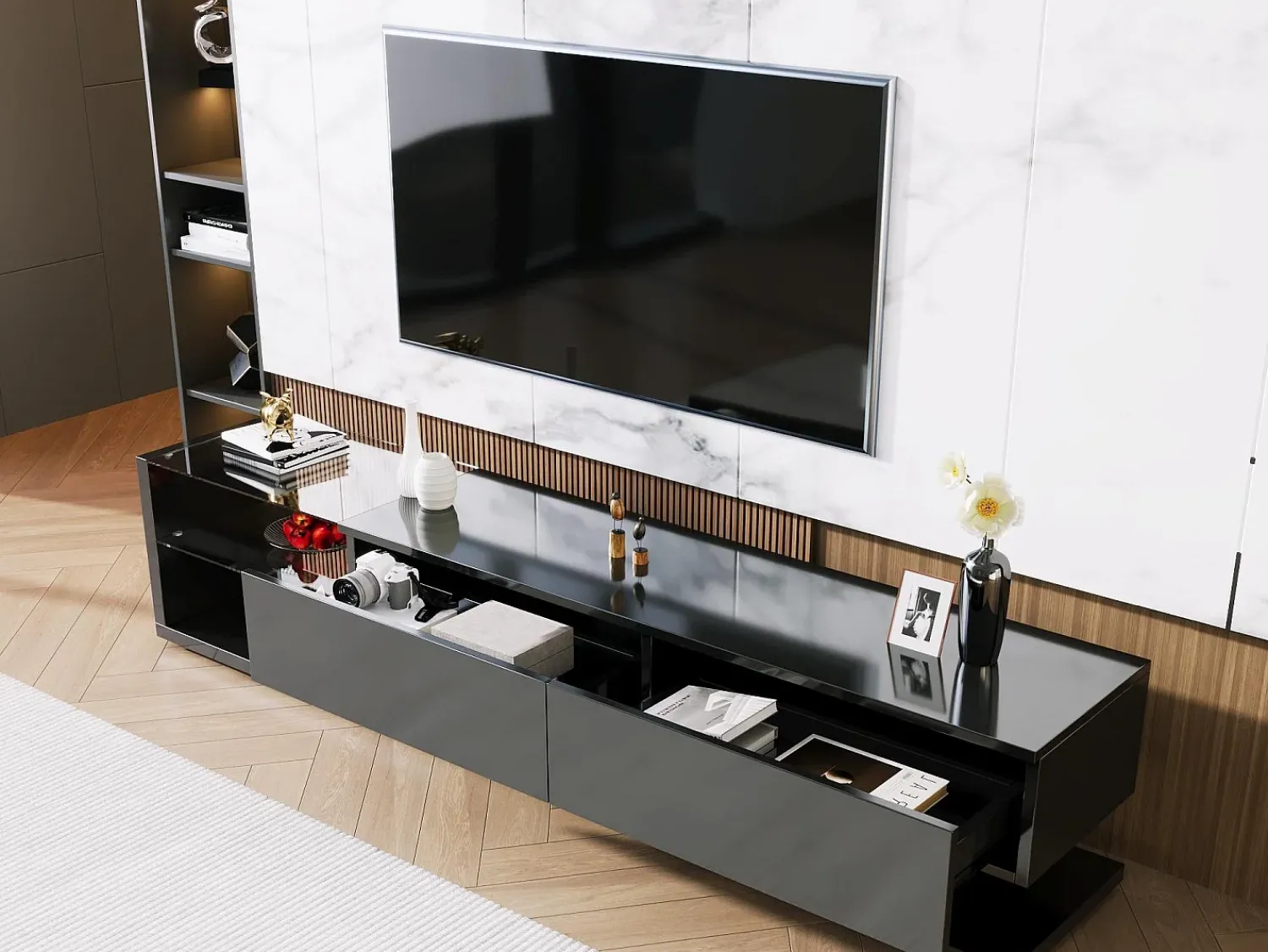 Merax Móvel de TV 170 cm - 2 gavetas e prateleiras de vidro - LEDs - brilhante^ Móvel De Tv