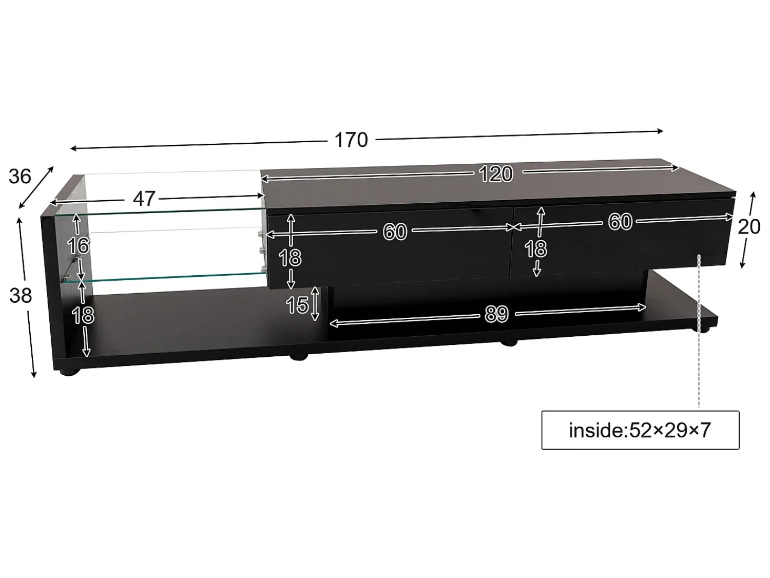 Merax Móvel de TV 170 cm - 2 gavetas e prateleiras de vidro - LEDs - brilhante^ Móvel De Tv