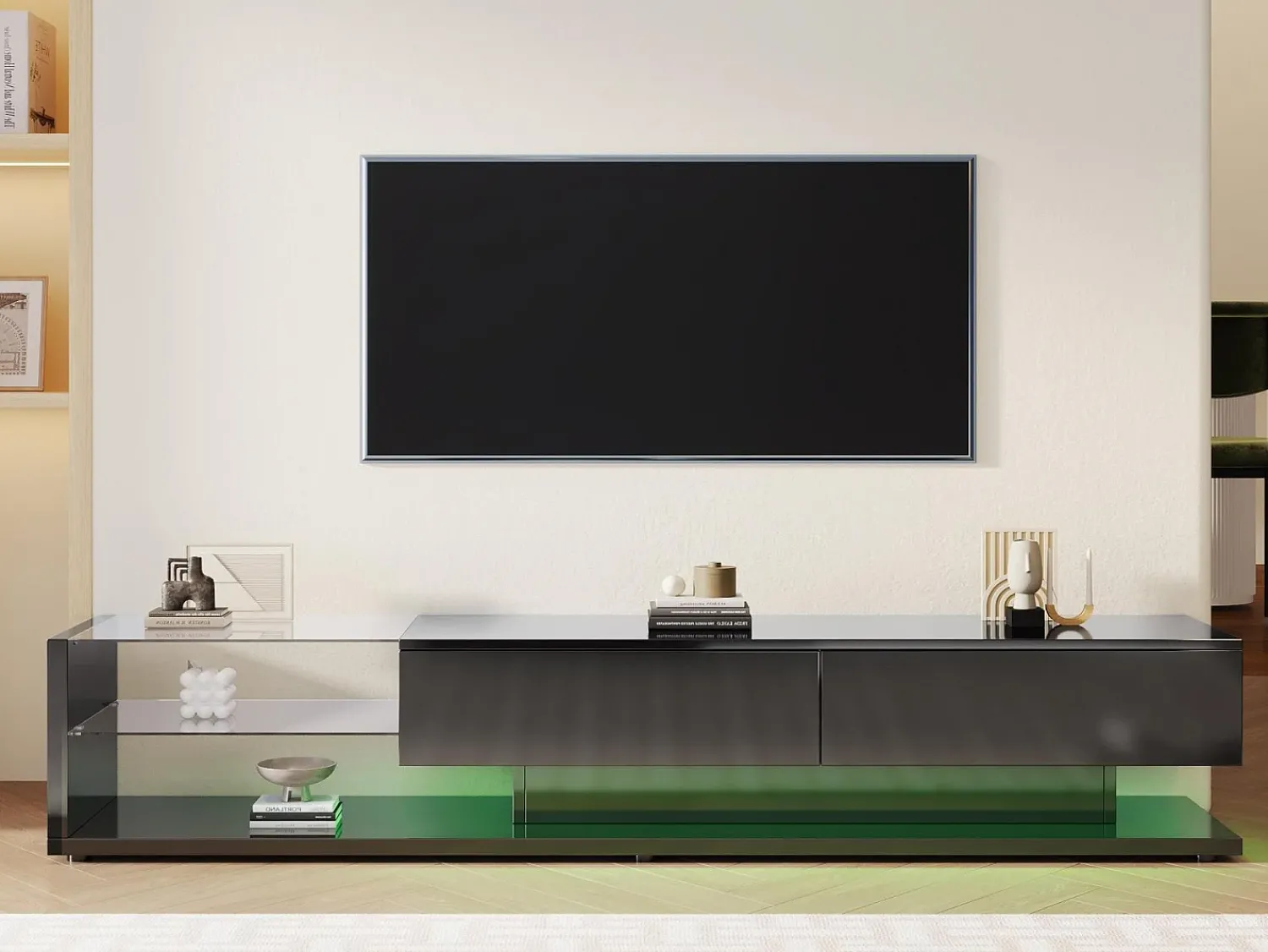 Merax Móvel de TV 170 cm - 2 gavetas e prateleiras de vidro - LEDs - brilhante^ Móvel De Tv