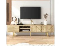 Móvel De Tv* Móvel de TV 160 cm com pés dourados - Móvel de TV moderno com 2 gavetas e 2 portas - Cor madeira Natural claro