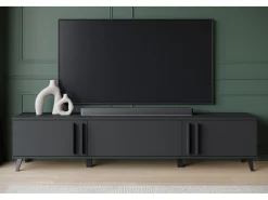 Discount Móvel de TV 180 cm com pés para sala – lowboard moderno com três portas basculantes, mate Preto