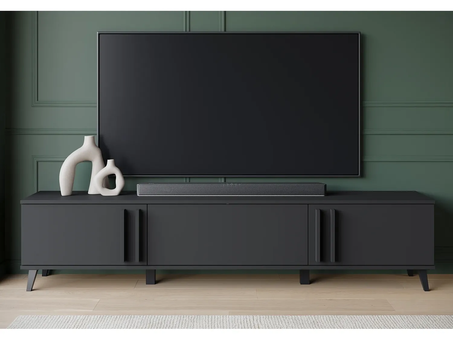 Discount Móvel de TV 180 cm com pés para sala – lowboard moderno com três portas basculantes, mate Preto