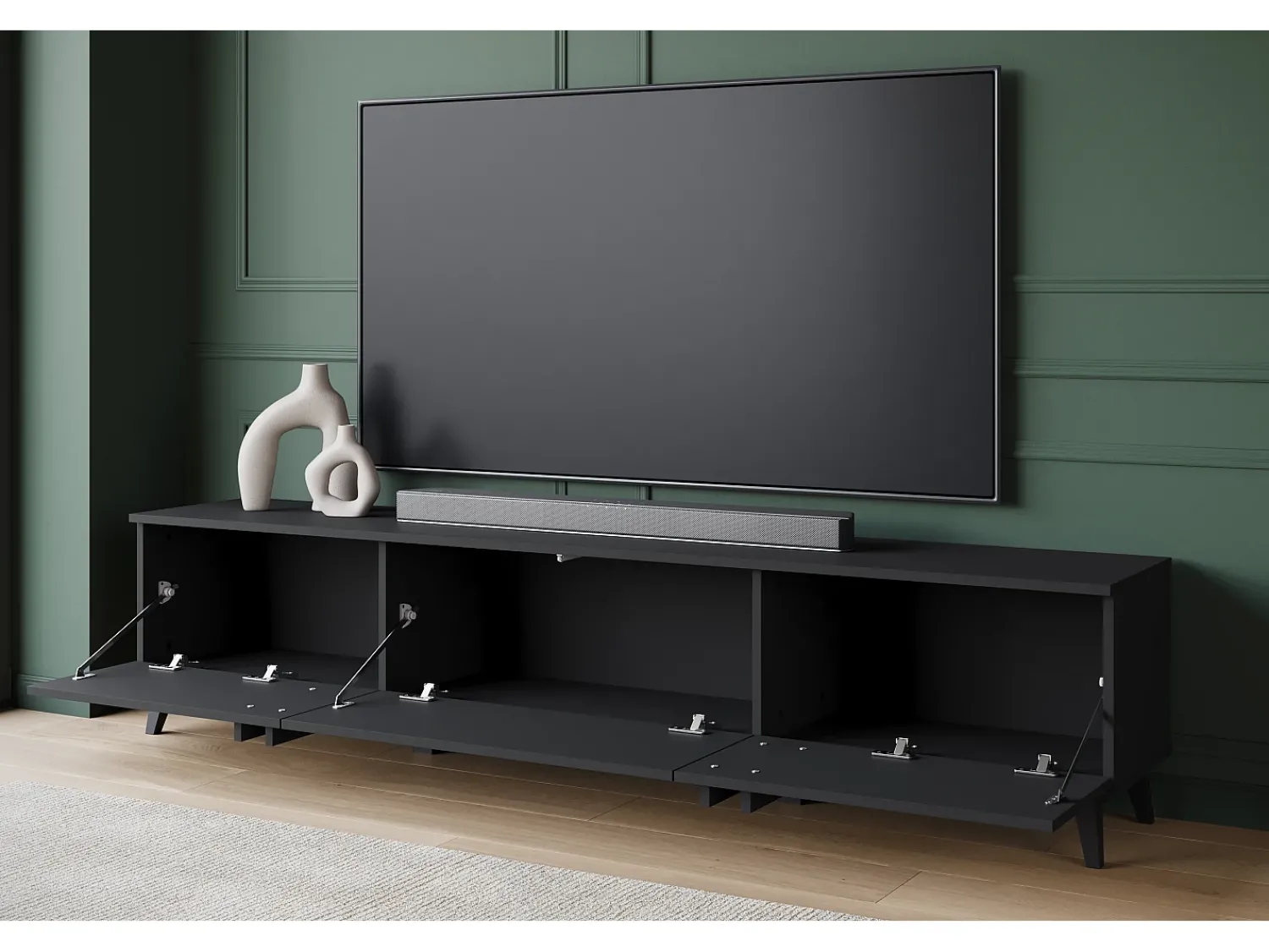 Discount Móvel de TV 180 cm com pés para sala – lowboard moderno com três portas basculantes, mate Preto