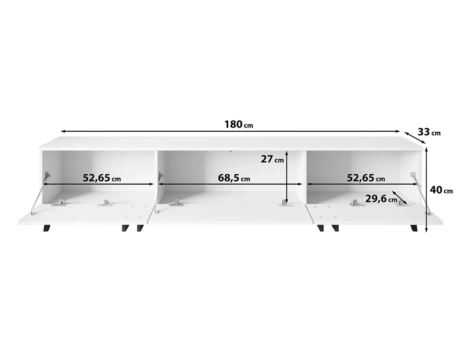 Discount Móvel de TV 180 cm com pés para sala – lowboard moderno com três portas basculantes, mate Preto