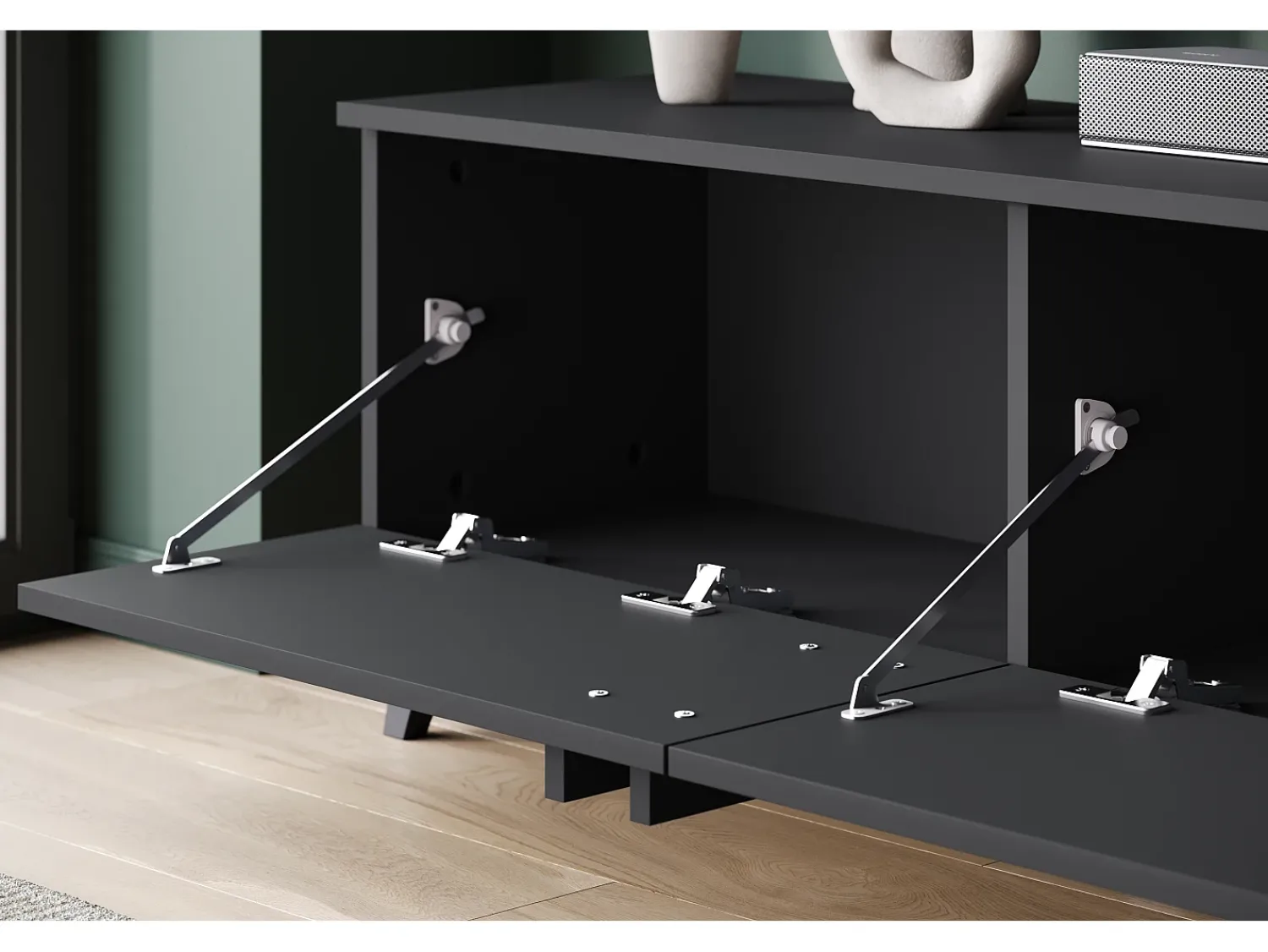 Discount Móvel de TV 180 cm com pés para sala – lowboard moderno com três portas basculantes, mate Preto