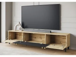 Online Móvel de TV 180 cm com pés para sala – lowboard moderno com três portas basculantes, artisan, preto mate Natural claro