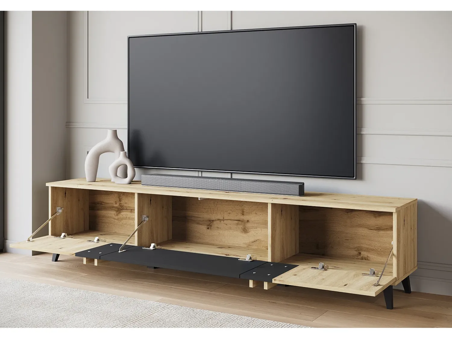 Online Móvel de TV 180 cm com pés para sala – lowboard moderno com três portas basculantes, artisan, preto mate Natural claro