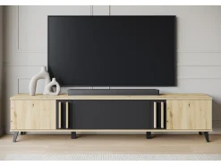 Online Móvel de TV 180 cm com pés para sala – lowboard moderno com três portas basculantes, artisan, preto mate Natural claro