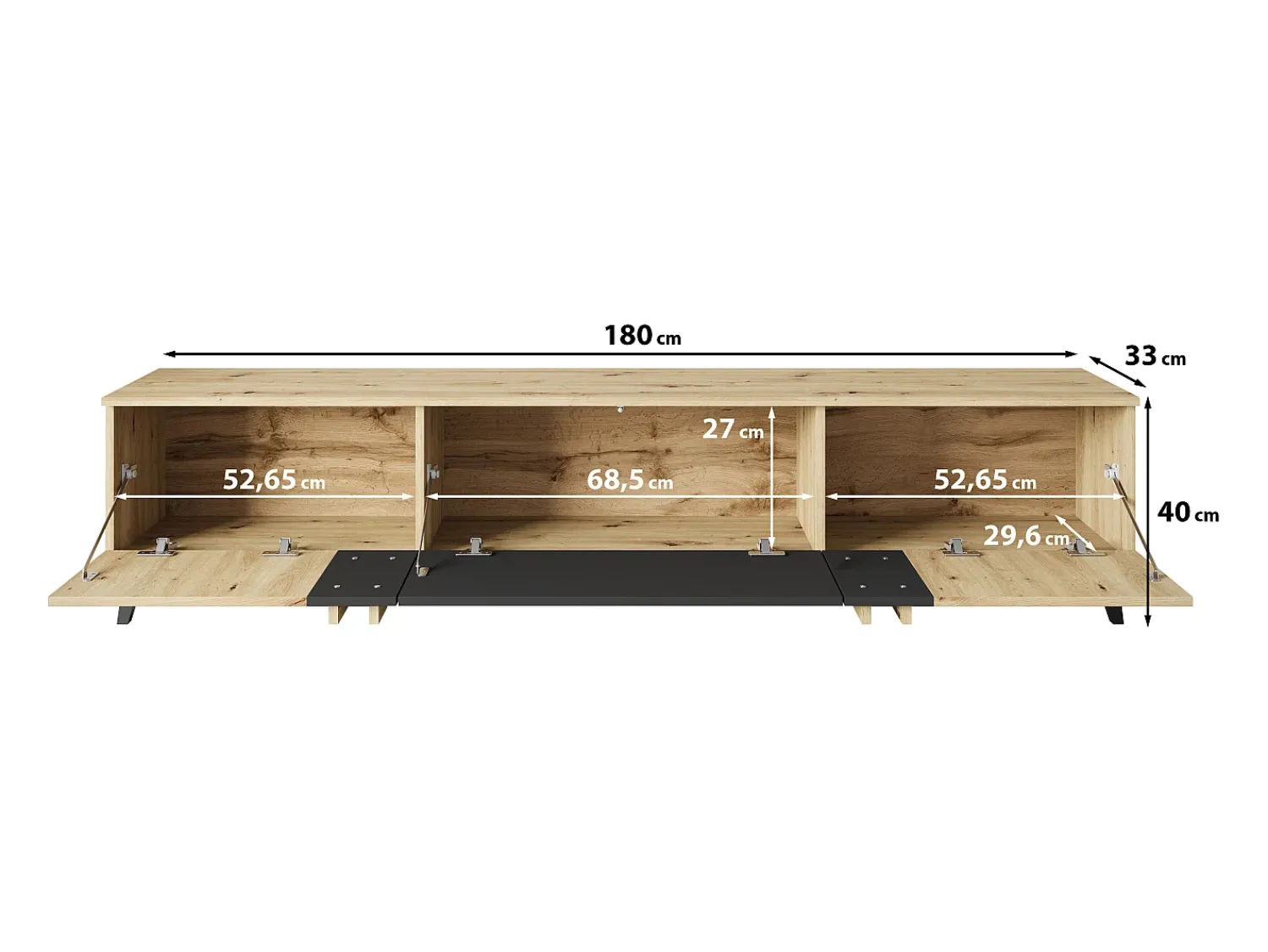 Online Móvel de TV 180 cm com pés para sala – lowboard moderno com três portas basculantes, artisan, preto mate Natural claro