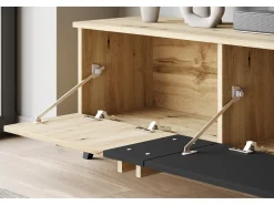 Online Móvel de TV 180 cm com pés para sala – lowboard moderno com três portas basculantes, artisan, preto mate Natural claro