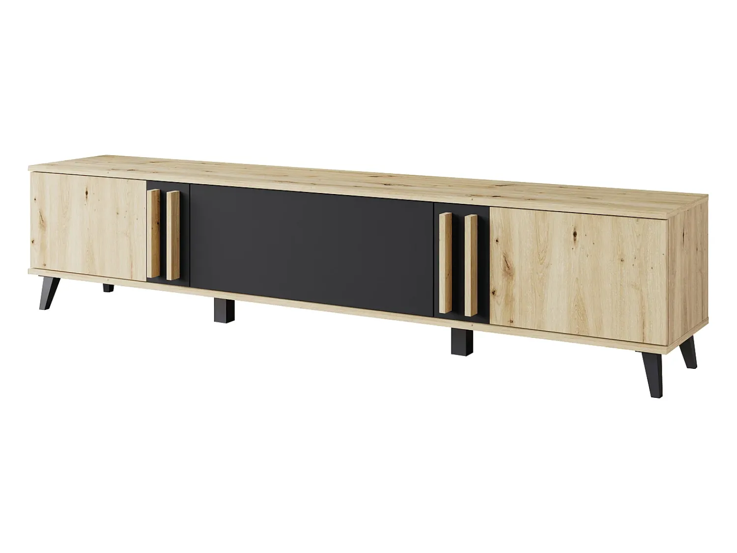 Online Móvel de TV 180 cm com pés para sala – lowboard moderno com três portas basculantes, artisan, preto mate Natural claro