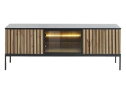 Vente-unique Móvel de TV 3 portas com LEDs em MDF e vidro fumado natural claro e preto OVILA^ Móvel De Tv
