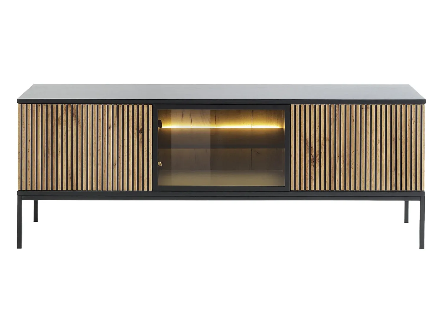 Vente-unique Móvel de TV 3 portas com LEDs em MDF e vidro fumado natural claro e preto OVILA^ Móvel De Tv