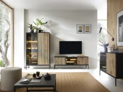 Vente-unique Móvel de TV 3 portas com LEDs em MDF e vidro fumado natural claro e preto OVILA^ Móvel De Tv