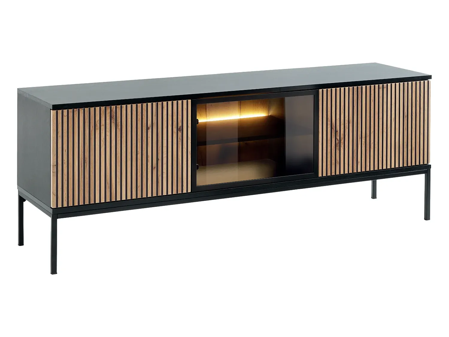 Vente-unique Móvel de TV 3 portas com LEDs em MDF e vidro fumado natural claro e preto OVILA^ Móvel De Tv