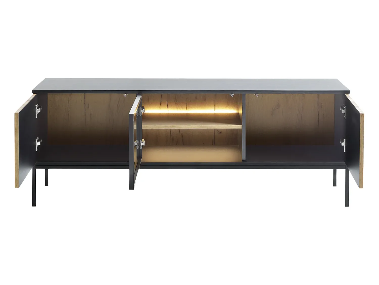 Vente-unique Móvel de TV 3 portas com LEDs em MDF e vidro fumado natural claro e preto OVILA^ Móvel De Tv