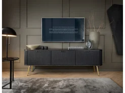 Discount Móvel de TV 3 portas com pés de metal dourado 168x56 cm Preto