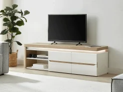 Vente-unique Móvel de TV, 2 portas e 2 nichos com LEDs em MDF lacado a branco e natural VADEMOSA^ Móvel De Tv