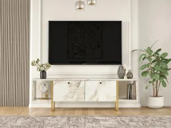 Móvel De Tv|Vente-unique Móvel de TV 2 portas e 2 prateleiras - Efeito mármore e dourado - DERANA Branco