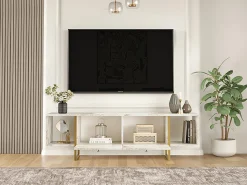 Móvel De Tv|Vente-unique Móvel de TV 2 portas e 2 prateleiras - Efeito mármore e dourado - DERANA Branco