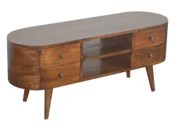 New Móvel de TV arredondado em castanho Artisan Furniture, 4 gavetas, 2 prateleiras, castanho Castanho chocolate