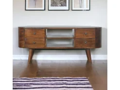 New Móvel de TV arredondado em castanho Artisan Furniture, 4 gavetas, 2 prateleiras, castanho Castanho chocolate