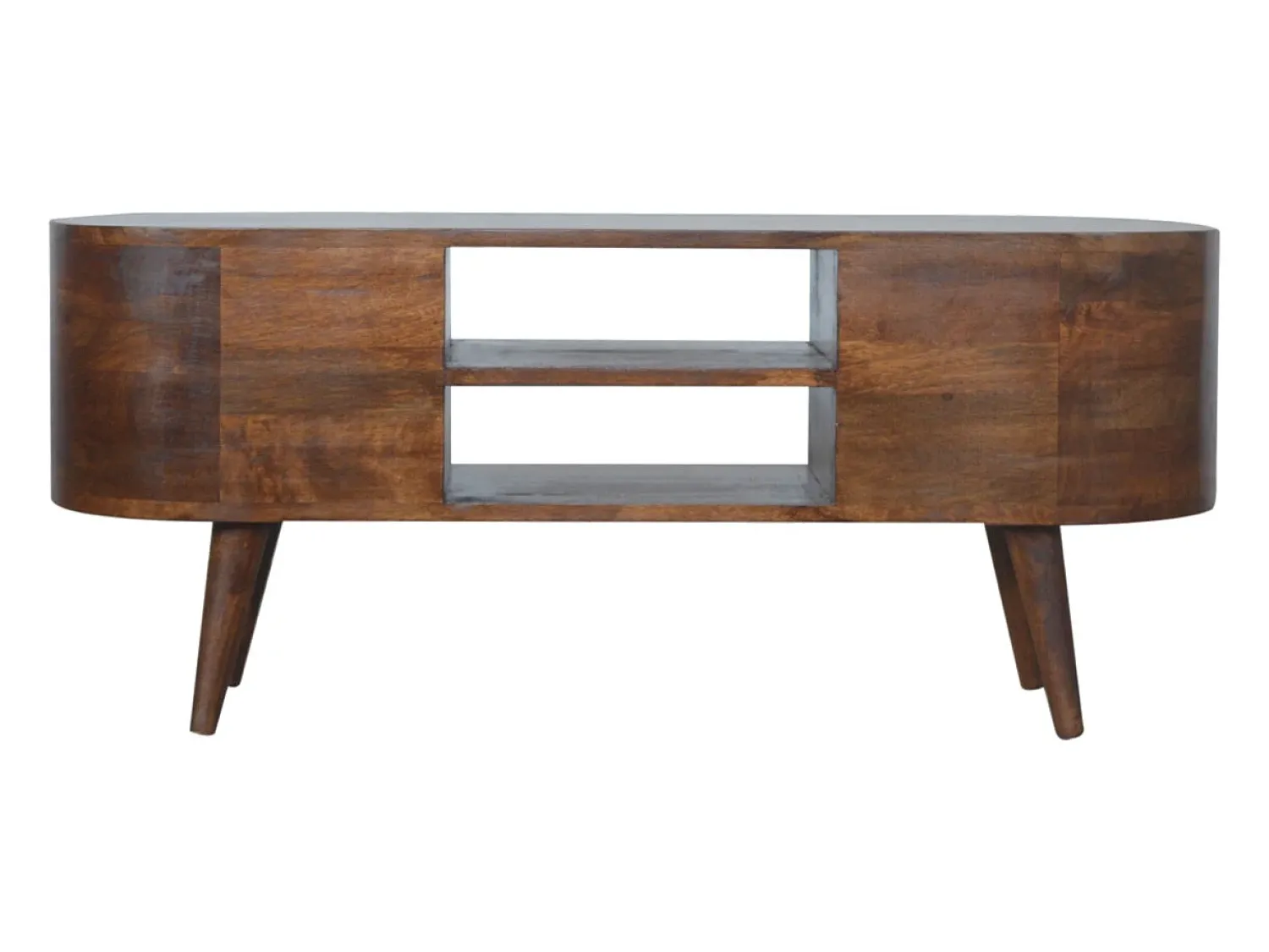 New Móvel de TV arredondado em castanho Artisan Furniture, 4 gavetas, 2 prateleiras, castanho Castanho chocolate