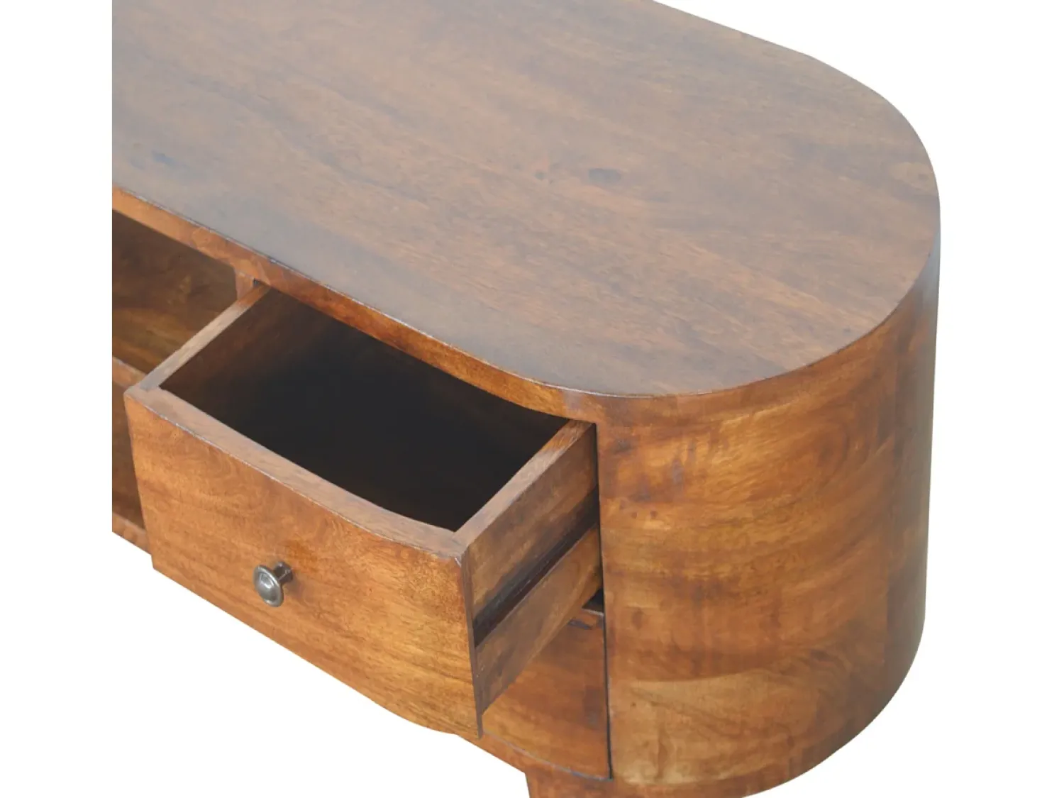 New Móvel de TV arredondado em castanho Artisan Furniture, 4 gavetas, 2 prateleiras, castanho Castanho chocolate