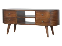 New Móvel de TV arredondado em castanho Artisan Furniture, 4 gavetas, 2 prateleiras, castanho Castanho chocolate