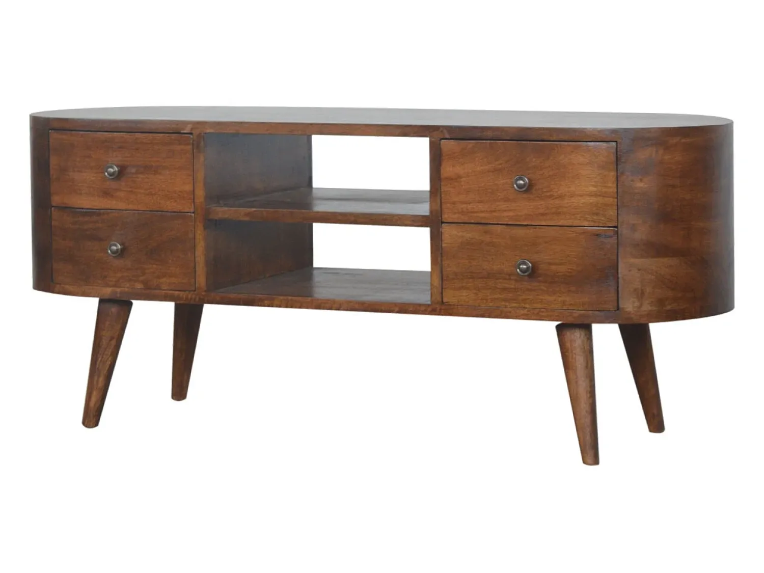 New Móvel de TV arredondado em castanho Artisan Furniture, 4 gavetas, 2 prateleiras, castanho Castanho chocolate