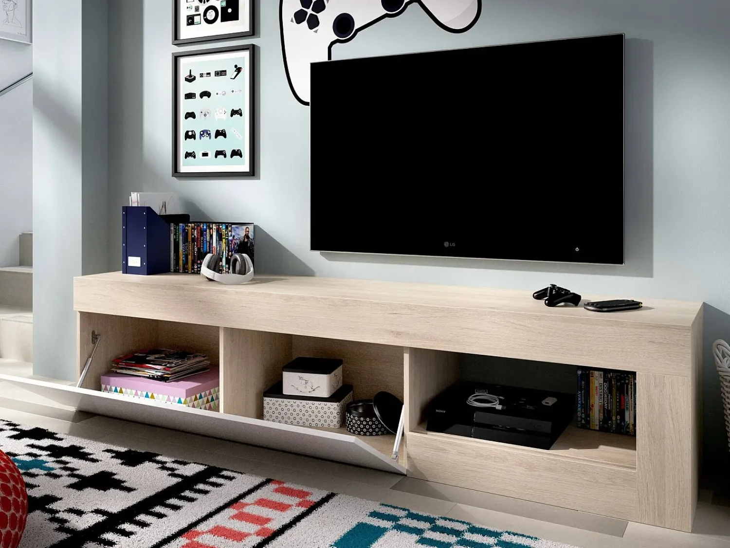 Discount Dmora Móvel de TV Averau, Aparador baixo da sala, Aparador da sala para televisão, 204x42h48 cm, Carvalho e Branco Castanho