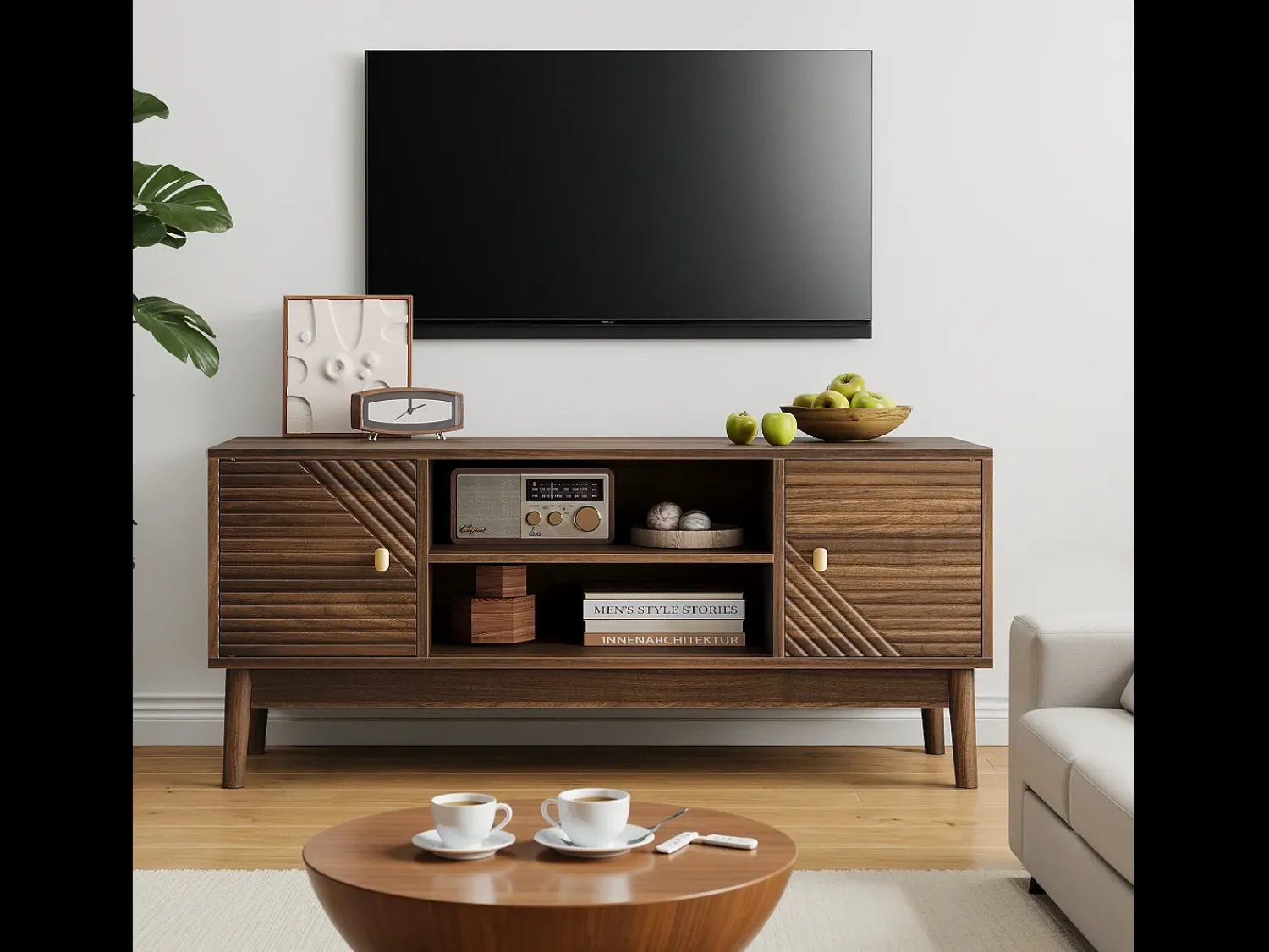 Hot Móvel de TV baixo, 110 x 40 x 48 cm, com portas listradas gravadas e compartimentos de arrumação, em nogueira. Natural escuro