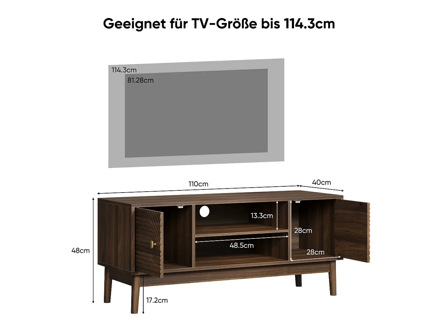 Hot Móvel de TV baixo, 110 x 40 x 48 cm, com portas listradas gravadas e compartimentos de arrumação, em nogueira. Natural escuro