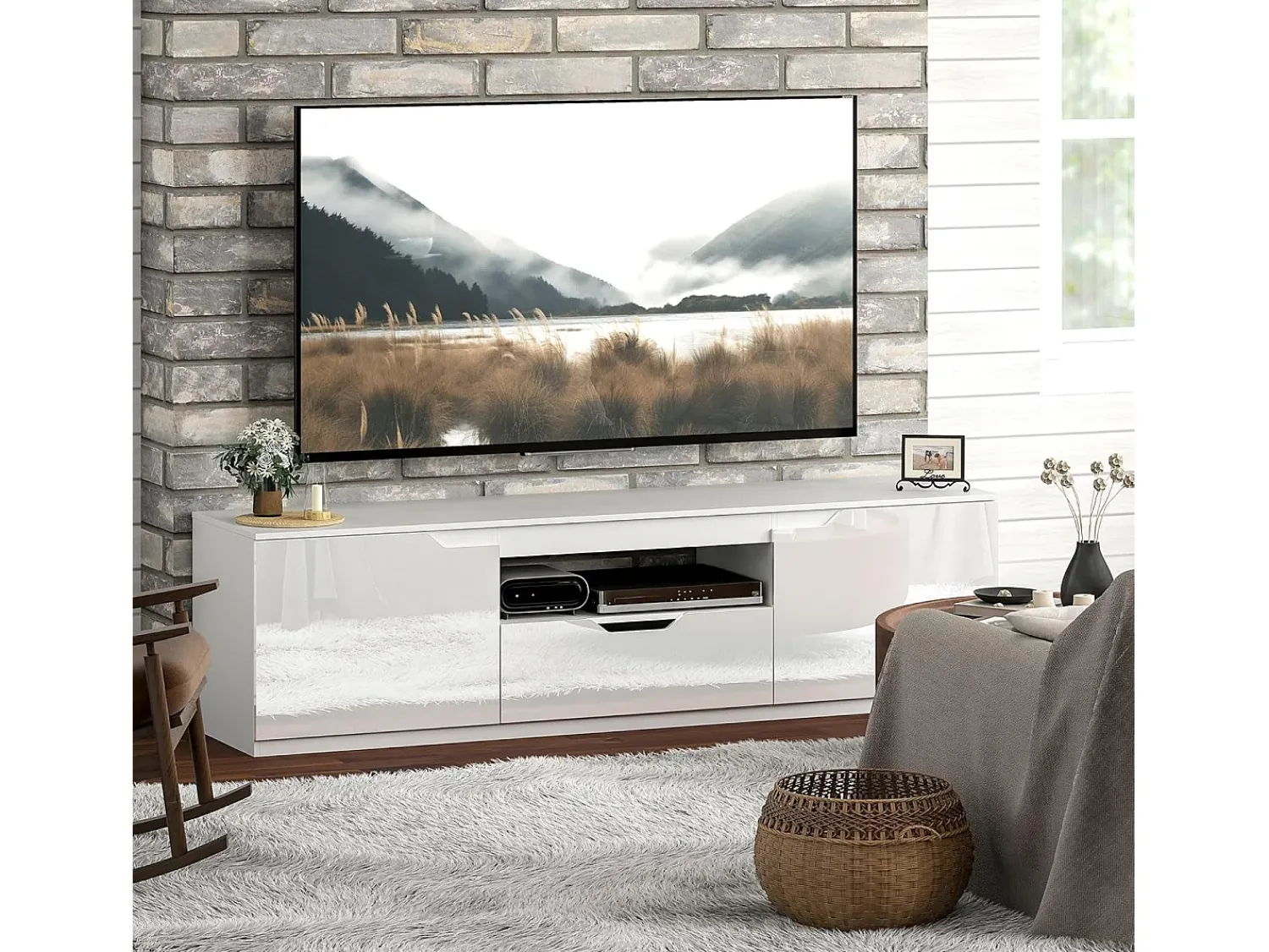 Móvel de TV baixo com 2 portas e 1 gaveta, 160 cm de comprimento - Design moderno e prático^ Móvel De Tv