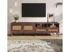 Móvel De Tv| Móvel de TV baixo com 2 portas de rattan, 2 gavetas, compartimentos de arrumação abertos, 200 cm, castanho Natural escuro
