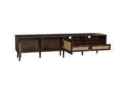Móvel De Tv| Móvel de TV baixo com 2 portas de rattan, 2 gavetas, compartimentos de arrumação abertos, 200 cm, castanho Natural escuro