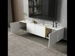 Móvel de TV baixo com 4 portas, Móvel de TV com armazenamento, Superfície de alto brilho, Pés dourados,^ Móvel De Tv