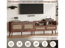 Móvel de TV baixo com 2 portas de rattan, 2 gavetas, compartimentos de arrumação abertos, 200 cm, castanho^ Móvel De Tv