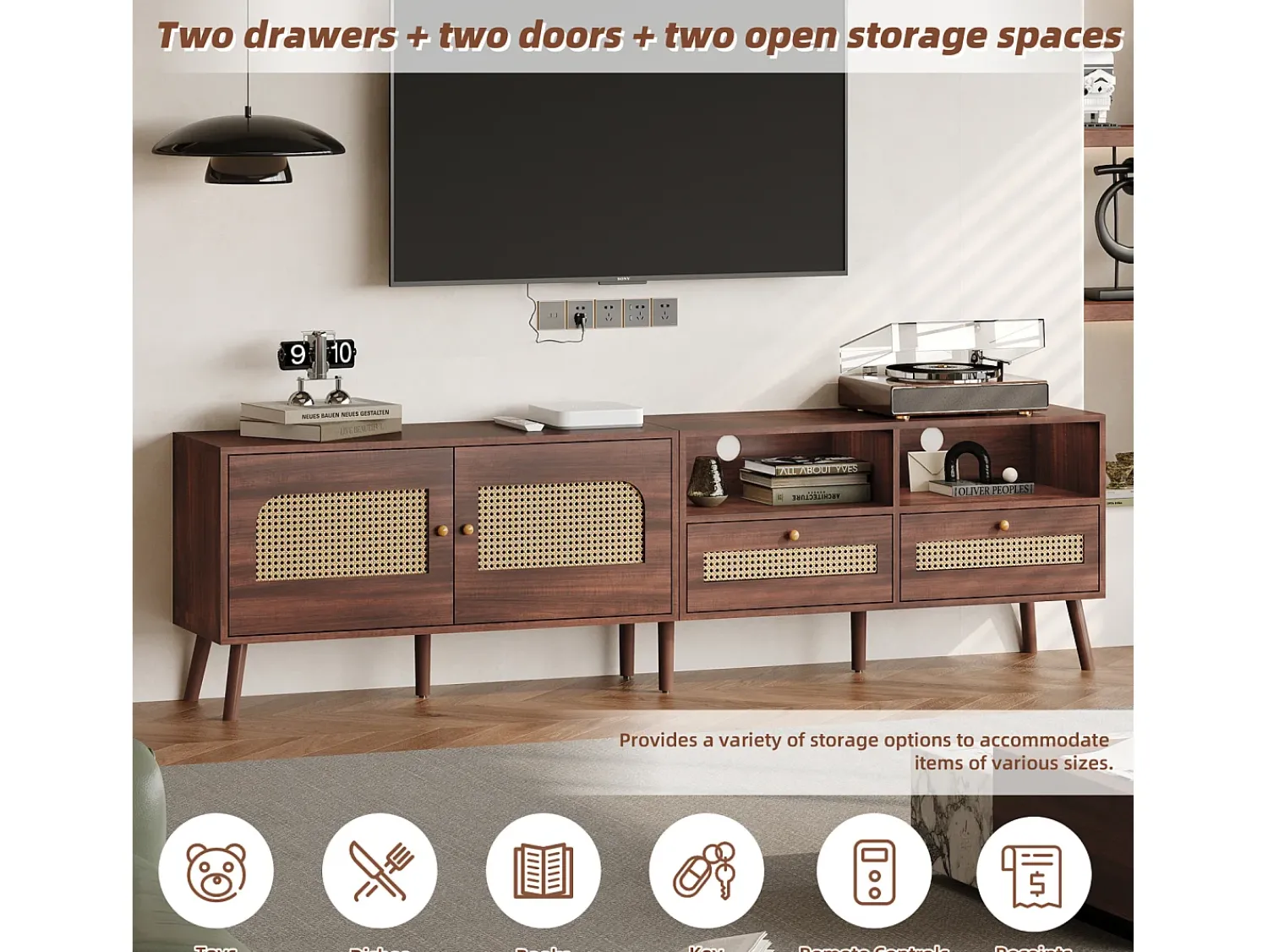 Móvel de TV baixo com 2 portas de rattan, 2 gavetas, compartimentos de arrumação abertos, 200 cm, castanho^ Móvel De Tv