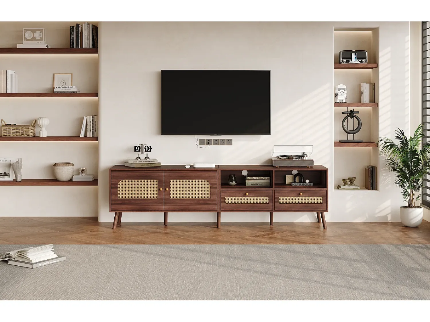 Móvel de TV baixo com 2 portas de rattan, 2 gavetas, compartimentos de arrumação abertos, 200 cm, castanho^ Móvel De Tv