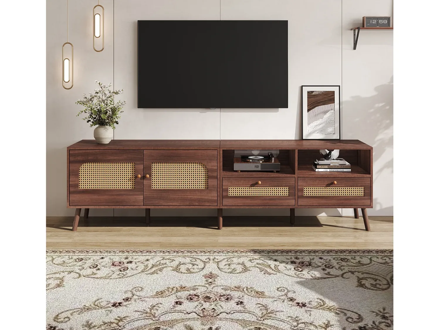 Móvel de TV baixo com 2 portas de rattan, 2 gavetas, compartimentos de arrumação abertos, 200 cm, castanho^ Móvel De Tv