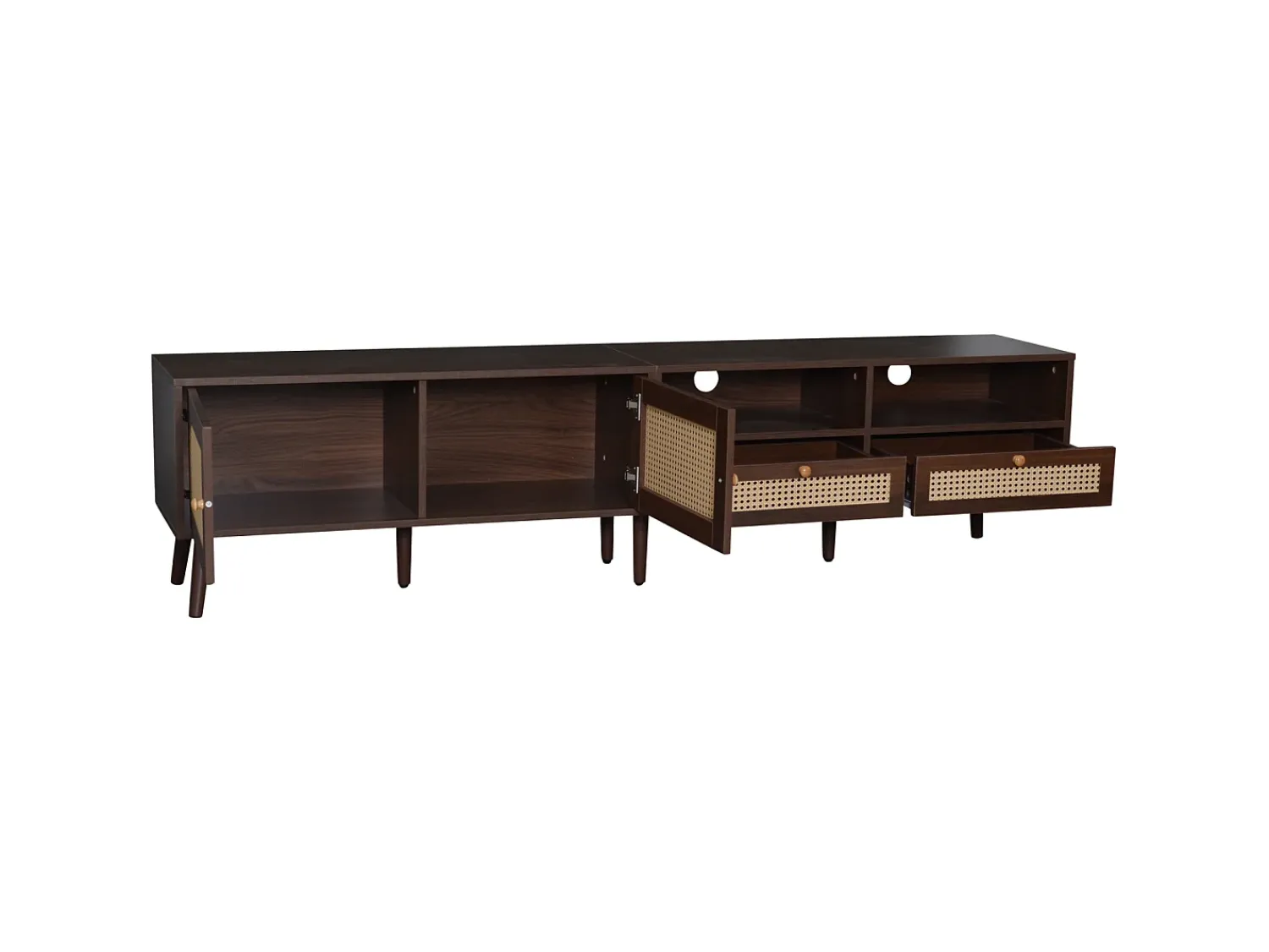 Móvel de TV baixo com 2 portas de rattan, 2 gavetas, compartimentos de arrumação abertos, 200 cm, castanho^ Móvel De Tv