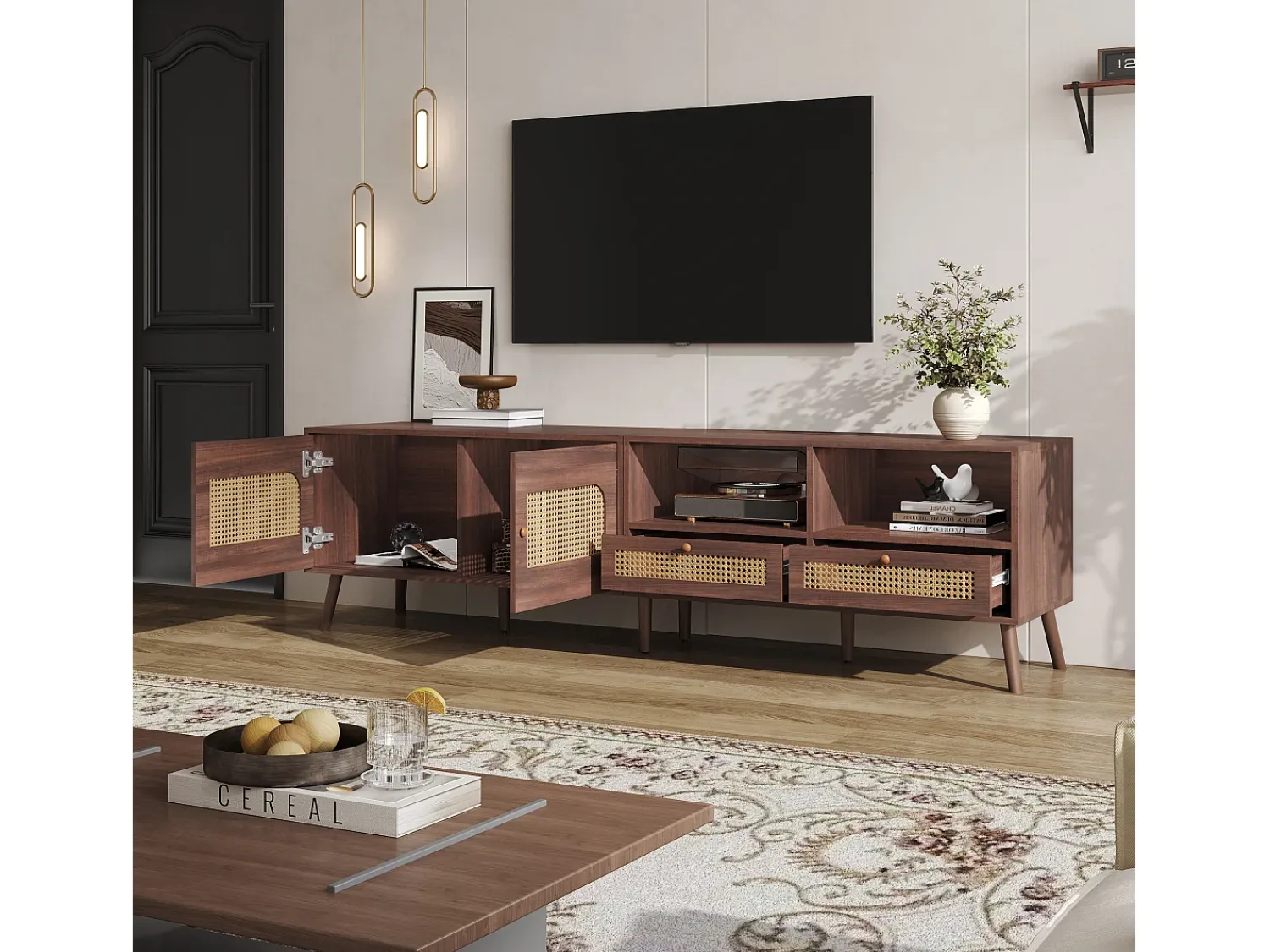 Móvel de TV baixo com 2 portas de rattan, 2 gavetas, compartimentos de arrumação abertos, 200 cm, castanho^ Móvel De Tv
