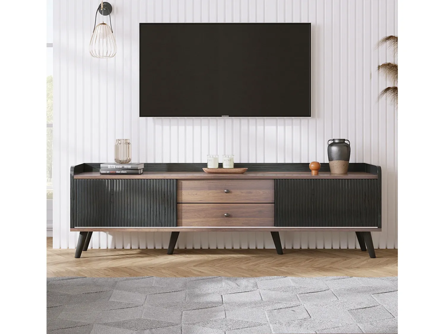 Móvel De Tv| Móvel de TV baixo com gavetas, Móvel de TV moderno com duas portas de correr, cor preta e madeira Preto