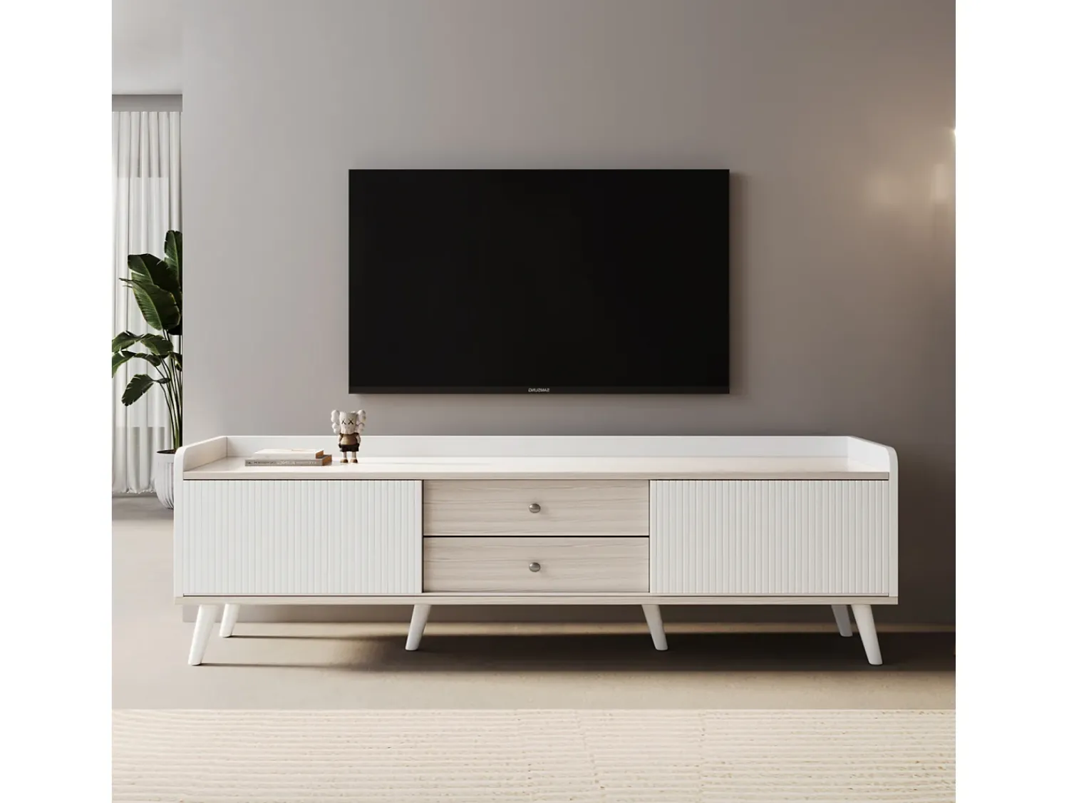 Hot Móvel de TV baixo com gavetas, Móvel de TV moderno com duas portas de correr, Cor branca e madeira Branco