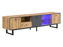 Outlet Móvel de TV baixo com iluminação LED, divisória de vidro, dobradiças com amortecimento, para sala de estar, 190 x 40 x 50 cm, Madeira Natural claro