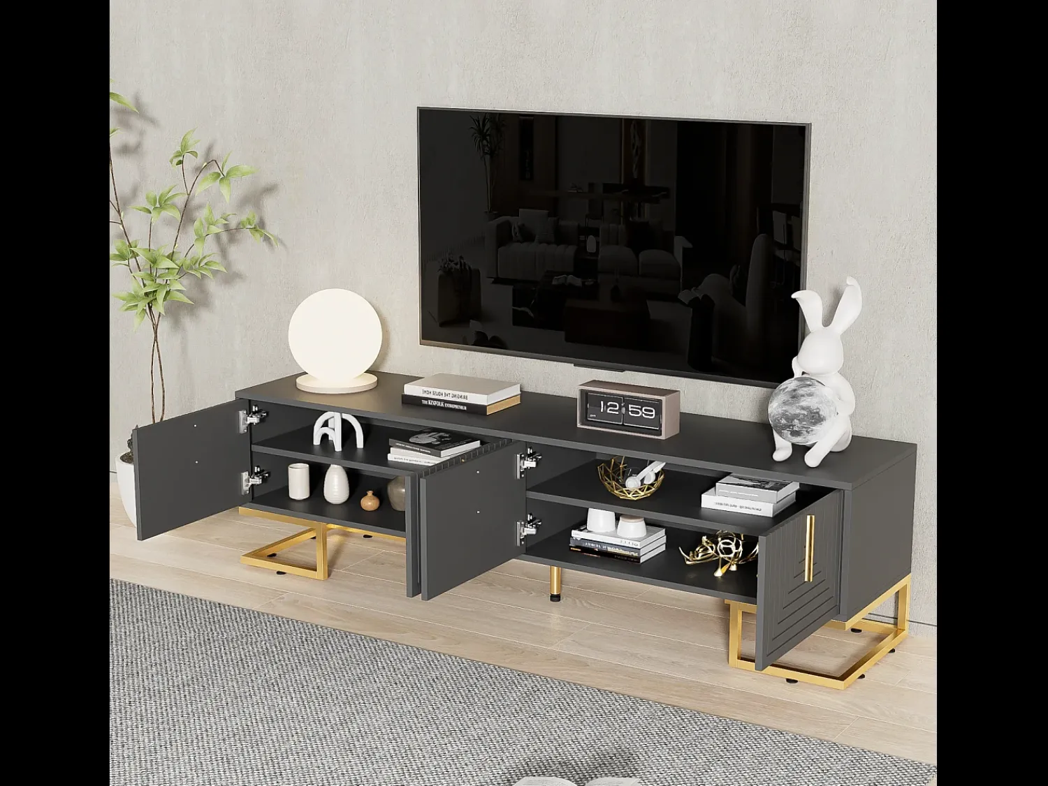 Móvel de TV baixo com porta estruturada, móvel de TV, puxadores e pés dourados, cinza escuro + dourado^ Móvel De Tv