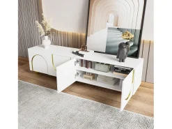 Móvel De Tv*Merax Móvel de TV baixo com portas texturizadas - 170 x 38 x 44 cm - com pés redondos dourados - aglomerado - Branco