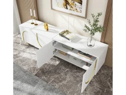 Móvel De Tv*Merax Móvel de TV baixo com portas texturizadas - 170 x 38 x 44 cm - com pés redondos dourados - aglomerado - Branco